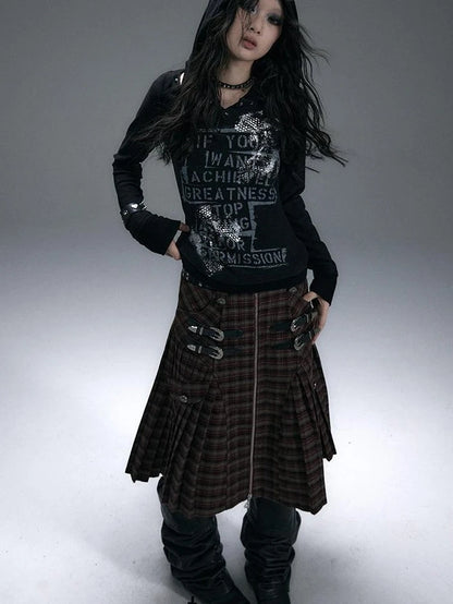 Vintage Punk Street Print Hooded Slim Knit Top