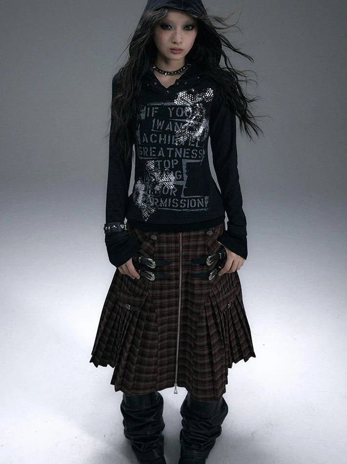 Vintage Punk Street Print Hooded Slim Knit Top