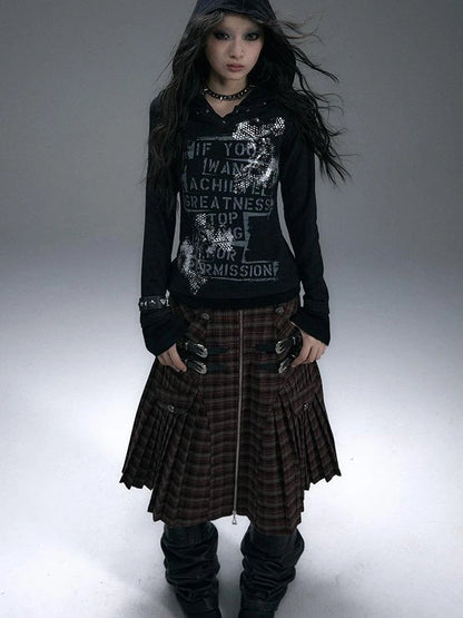 Vintage Punk Street Print Hooded Slim Knit Top