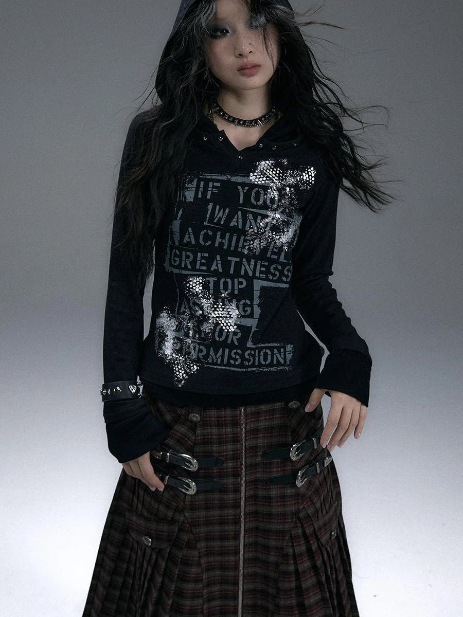 Vintage Punk Street Print Hooded Slim Knit Top