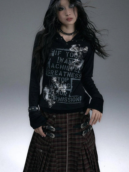 Vintage Punk Street Print Hooded Slim Knit Top