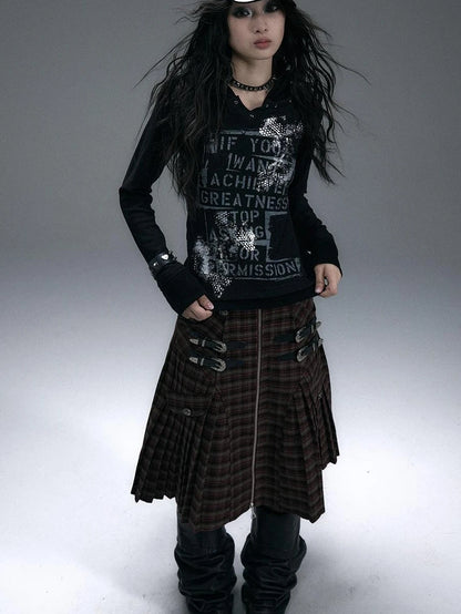 Vintage Punk Street Print Hooded Slim Knit Top