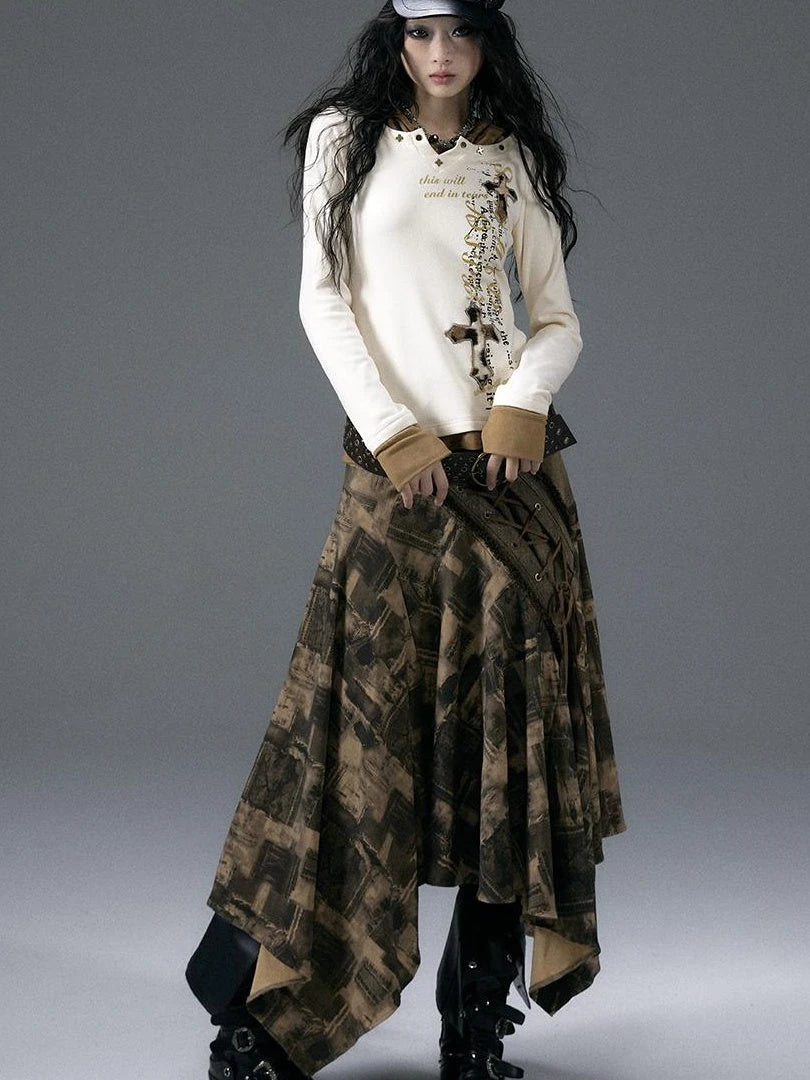 Vintage Punk Street Print Hooded Slim Knit Top