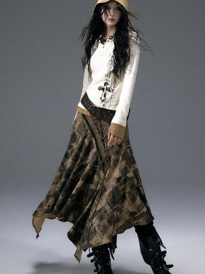 Vintage Punk Street Print Hooded Slim Knit Top