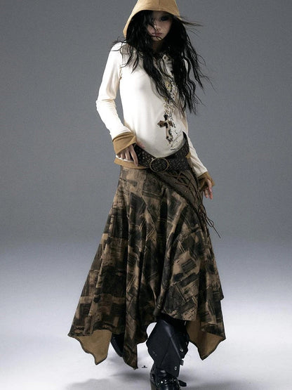 Vintage Punk Street Print Hooded Slim Knit Top