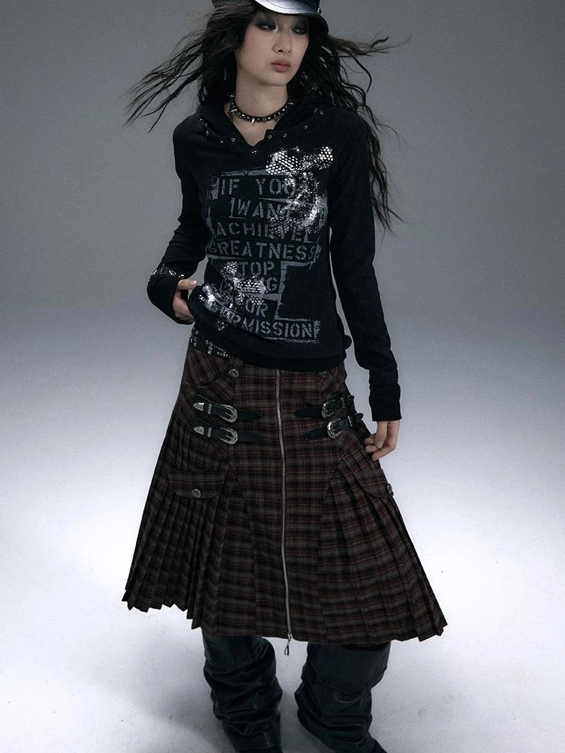 Vintage Punk Street Print Hooded Slim Knit Top