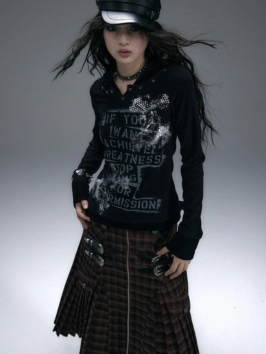 Vintage Punk Street Print Hooded Slim Knit Top