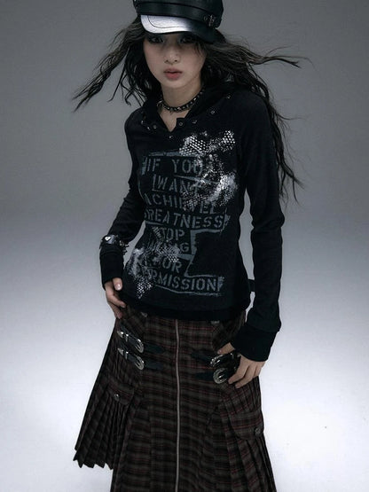 Vintage Punk Street Print Hooded Slim Knit Top