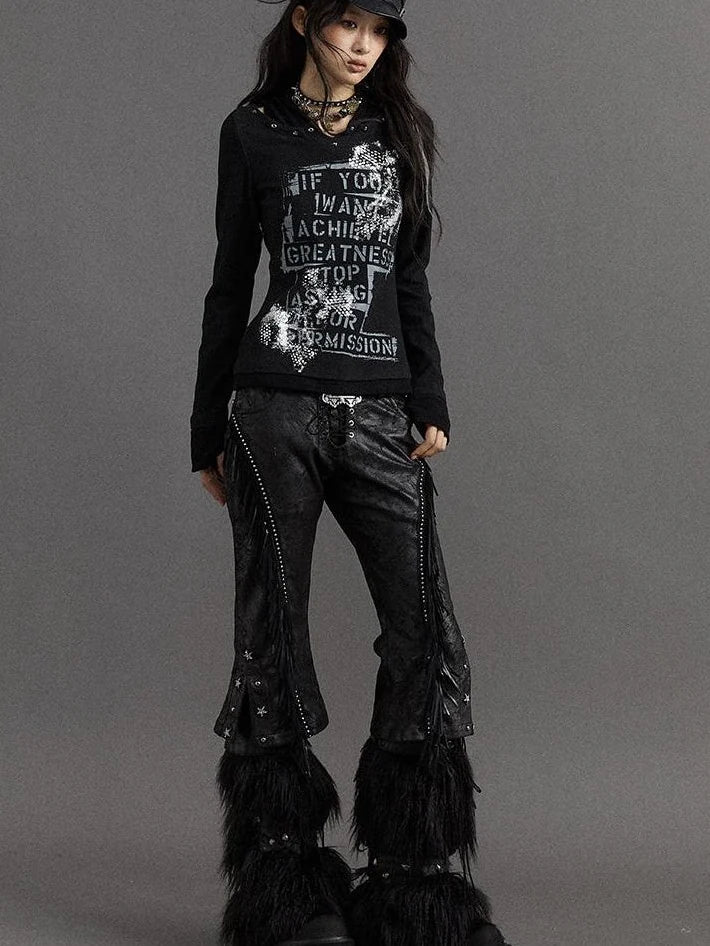 Vintage Punk Street Print Hooded Slim Knit Top