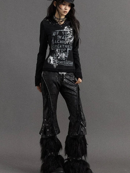 Vintage Punk Street Print Hooded Slim Knit Top