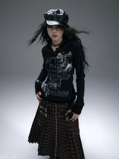 Vintage Punk Street Print Hooded Slim Knit Top