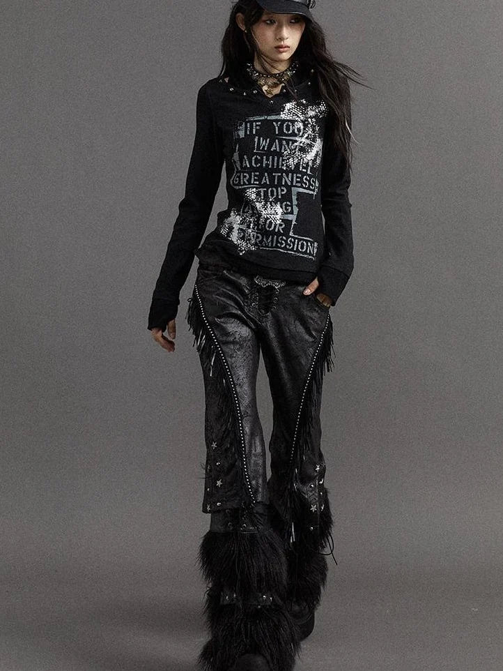 Vintage Punk Street Print Hooded Slim Knit Top