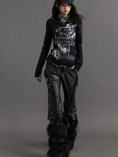 Vintage Punk Street Print Hooded Slim Knit Top