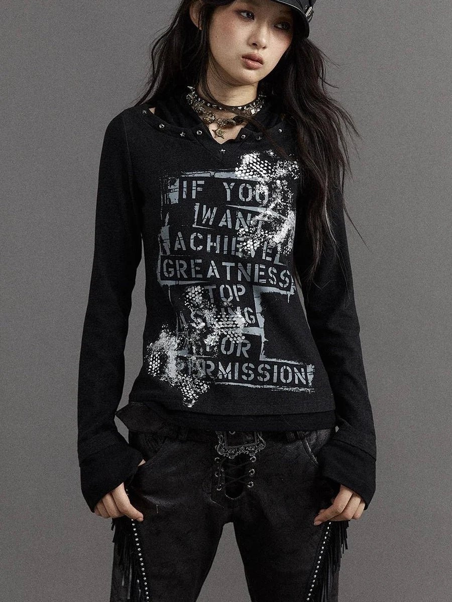 Vintage Punk Street Print Hooded Slim Knit Top