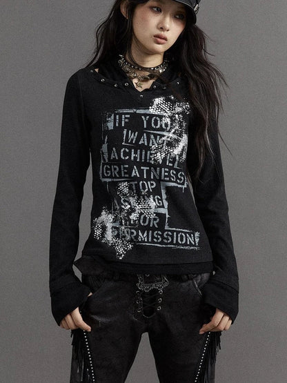 Vintage Punk Street Print Hooded Slim Knit Top