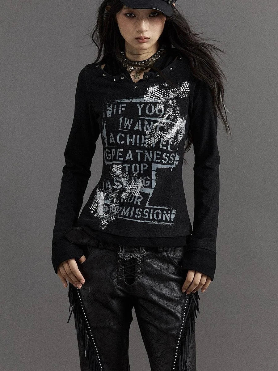 Vintage Punk Street Print Hooded Slim Knit Top