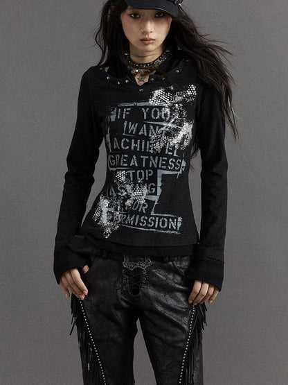 Vintage Punk Street Print Hooded Slim Knit Top