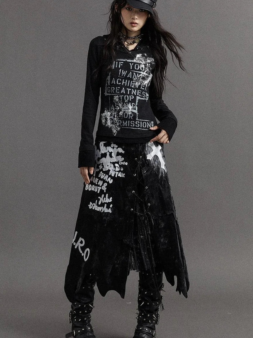 Vintage Punk Street Print Hooded Slim Knit Top