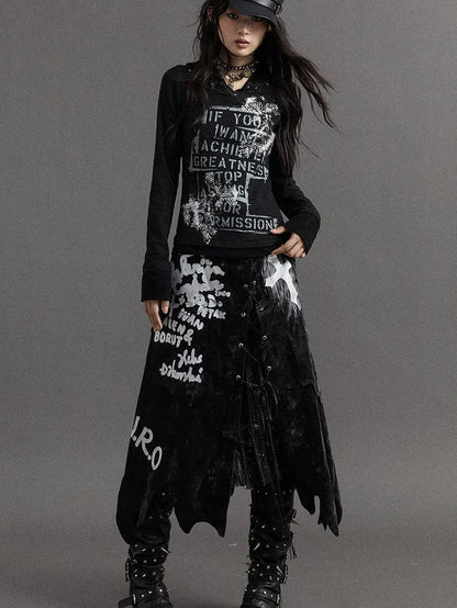 Vintage Punk Street Print Hooded Slim Knit Top
