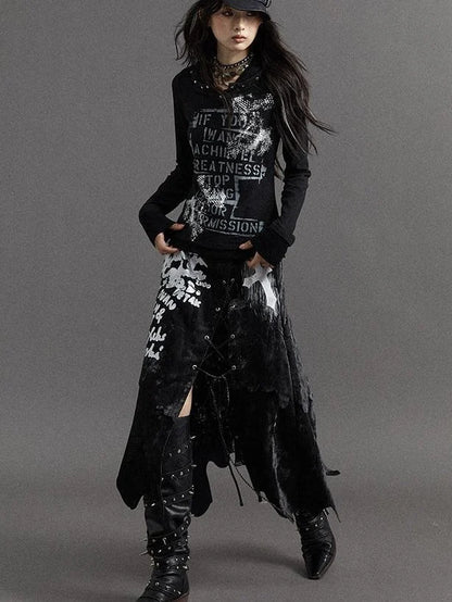 Vintage Punk Street Print Hooded Slim Knit Top