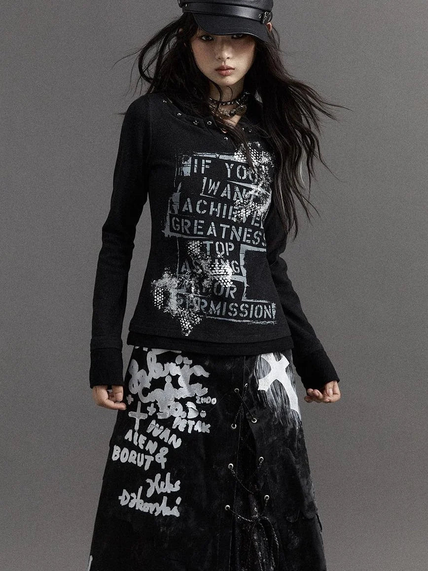 Vintage Punk Street Print Hooded Slim Knit Top
