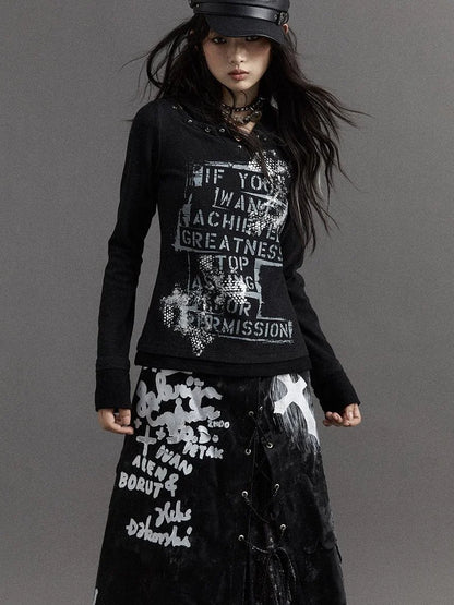 Vintage Punk Street Print Hooded Slim Knit Top