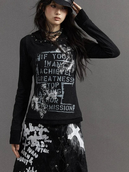 Vintage Punk Street Print Hooded Slim Knit Top
