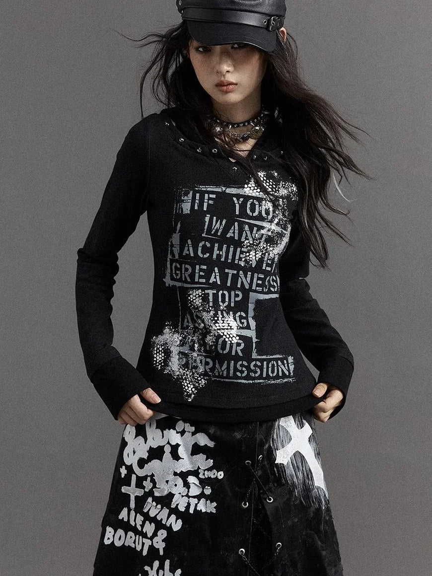 Vintage Punk Street Print Hooded Slim Knit Top