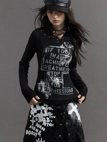 Vintage Punk Street Print Hooded Slim Knit Top