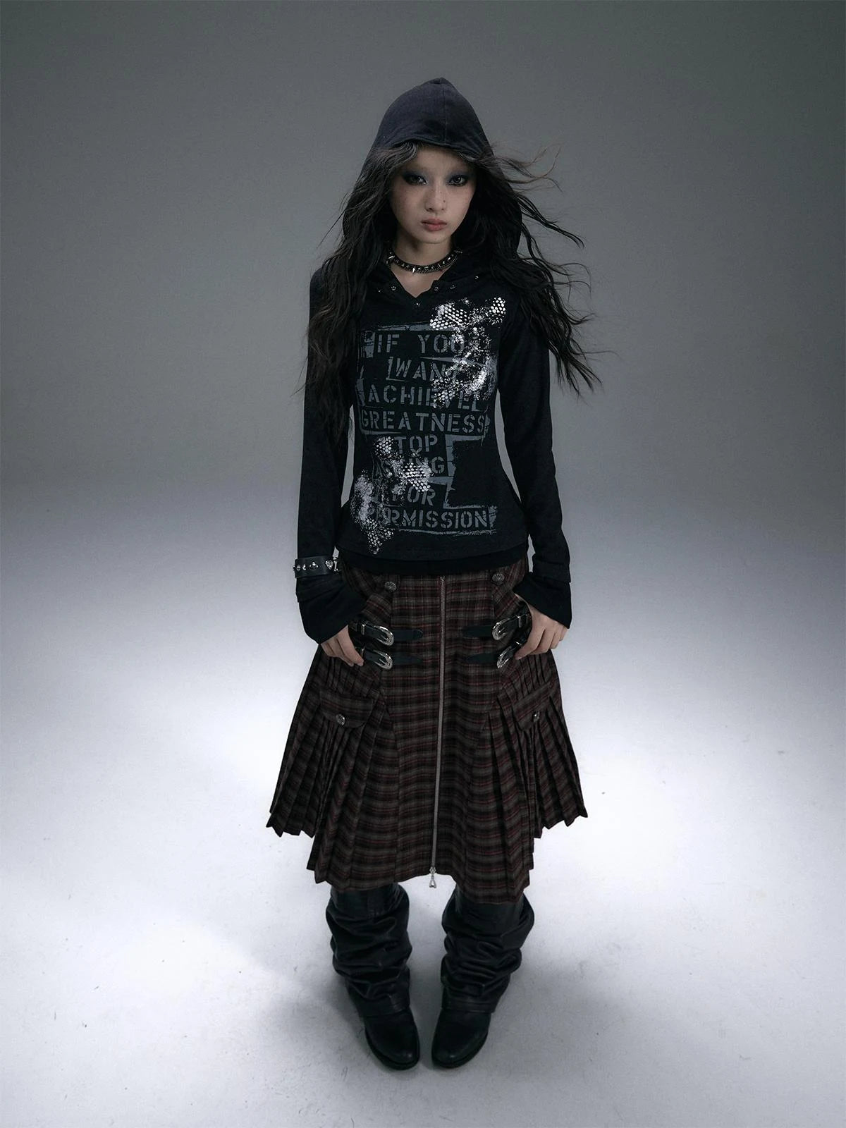 Vintage Punk Street Print Hooded Slim Knit Top