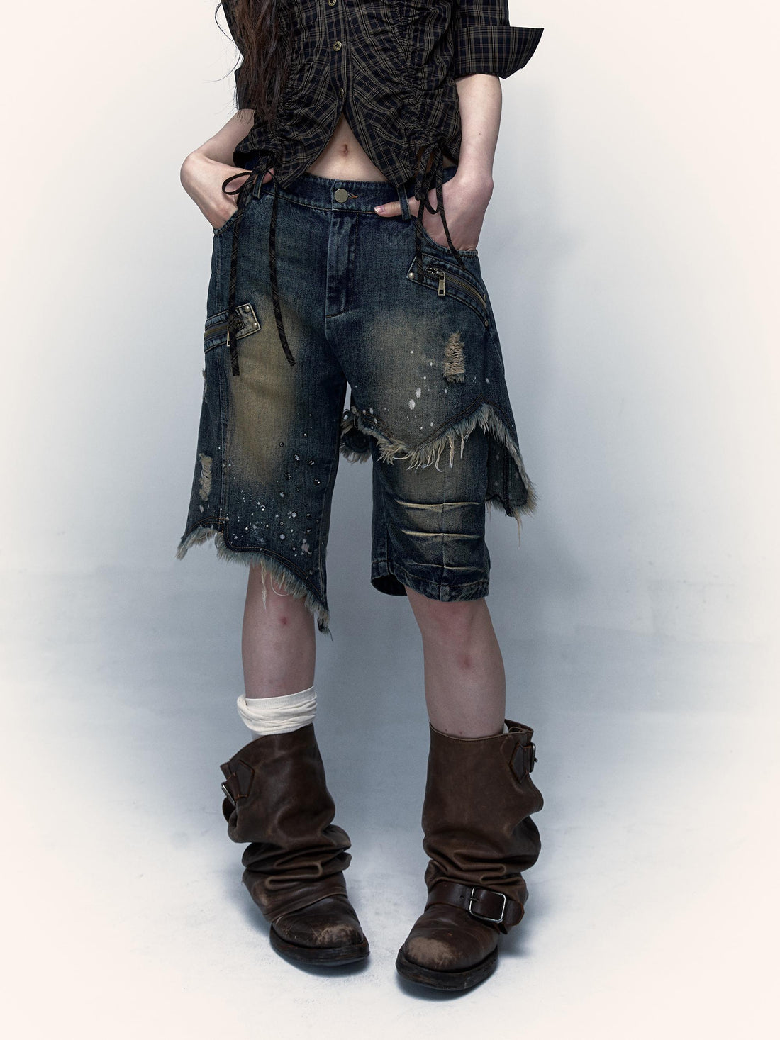 Vintage Punk Washed Ripped Wide Leg Denim Shorts Jeans