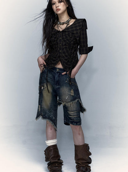 Vintage Punk Washed Ripped Wide Leg Denim Shorts Jeans