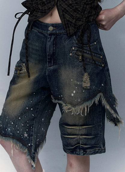 Vintage Punk Washed Ripped Wide Leg Denim Shorts Jeans