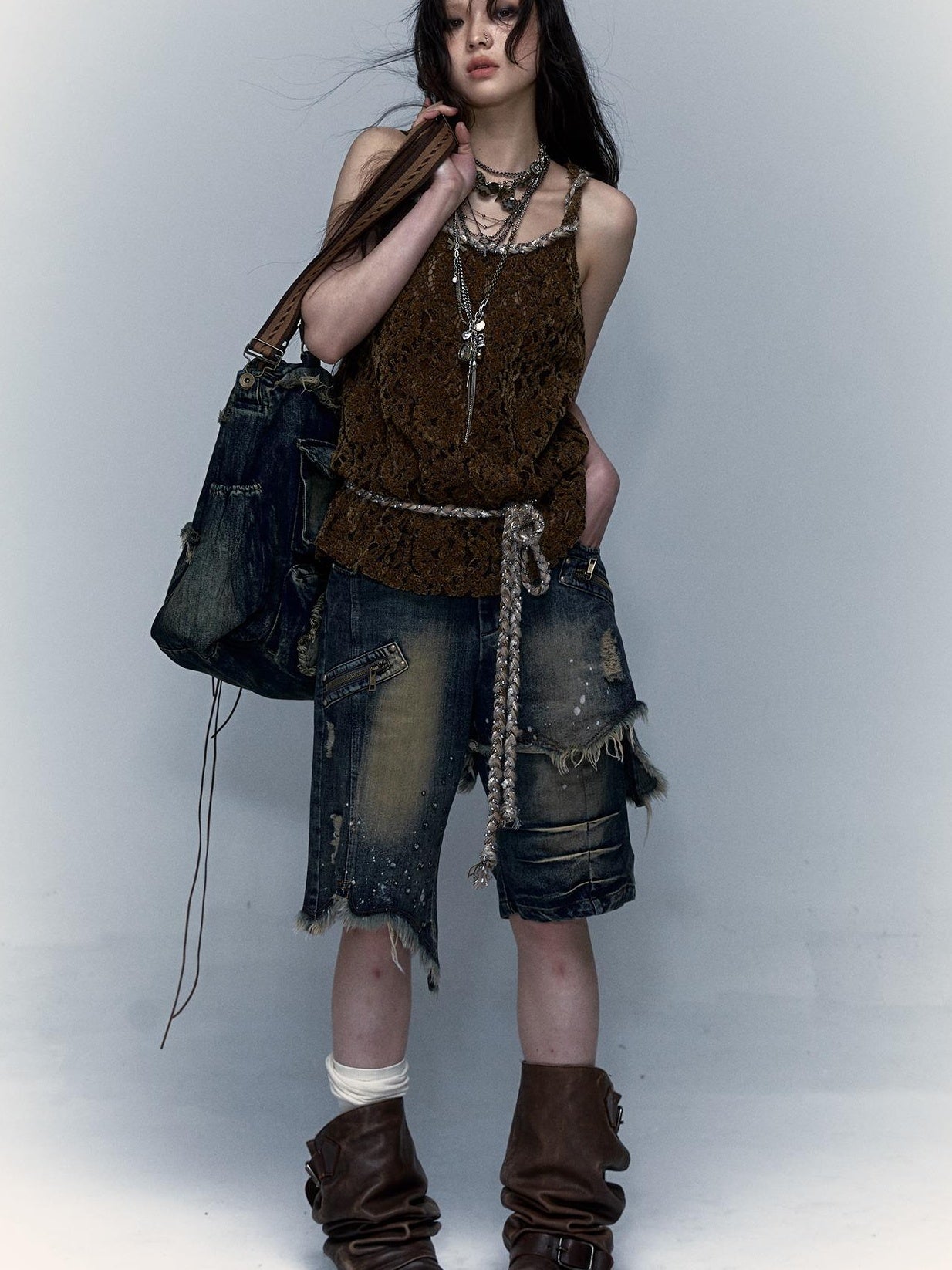Vintage Punk Washed Ripped Wide Leg Denim Shorts Jeans