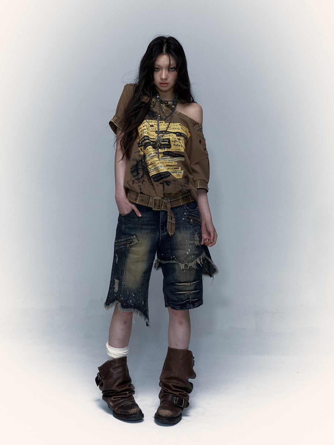 Vintage Punk Washed Ripped Wide Leg Denim Shorts Jeans