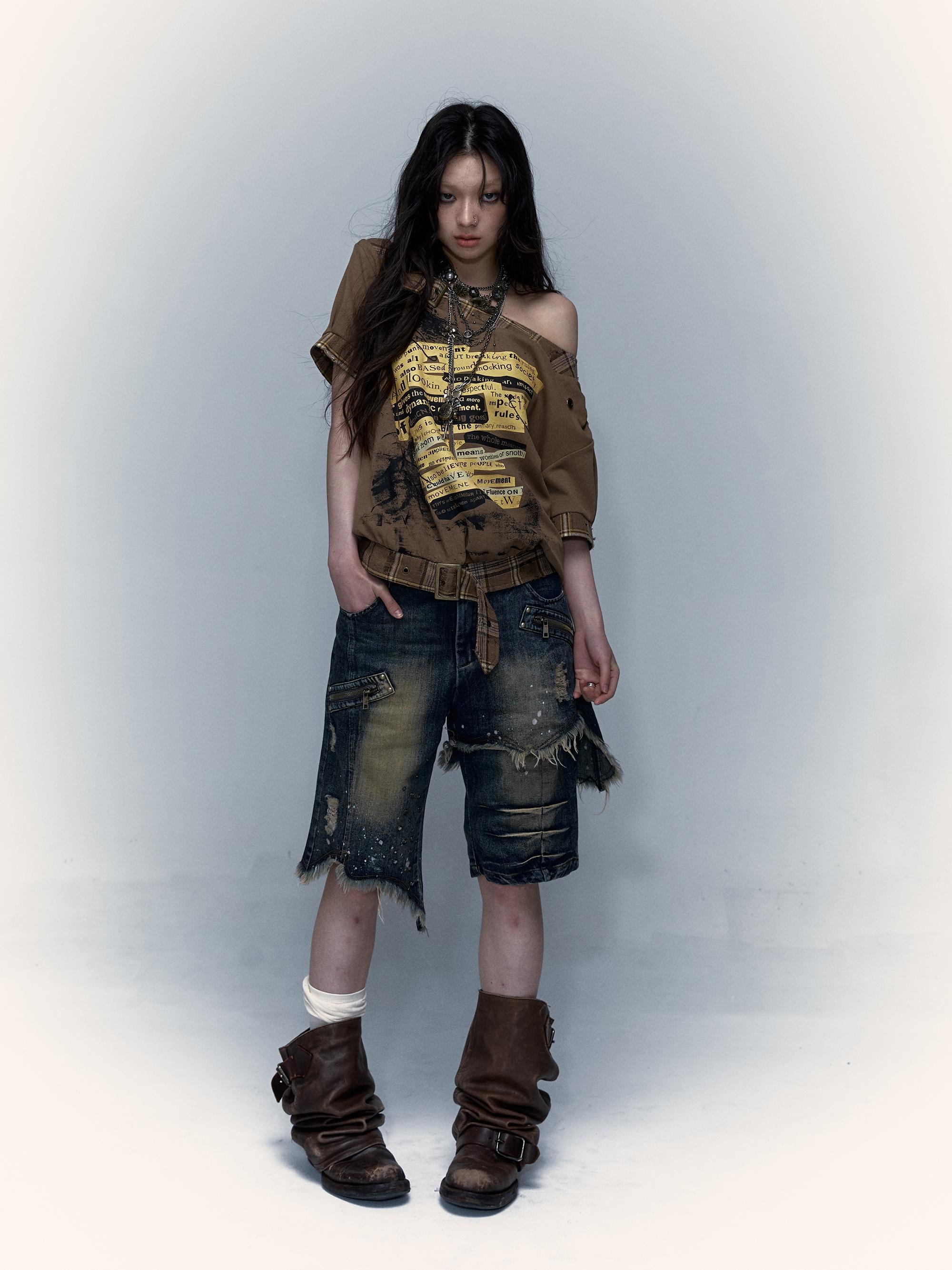 Vintage Punk Washed Ripped Wide Leg Denim Shorts Jeans