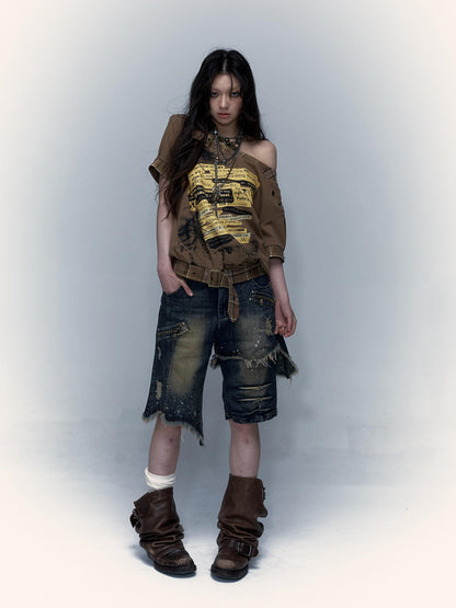 Vintage Punk Washed Ripped Wide Leg Denim Shorts Jeans
