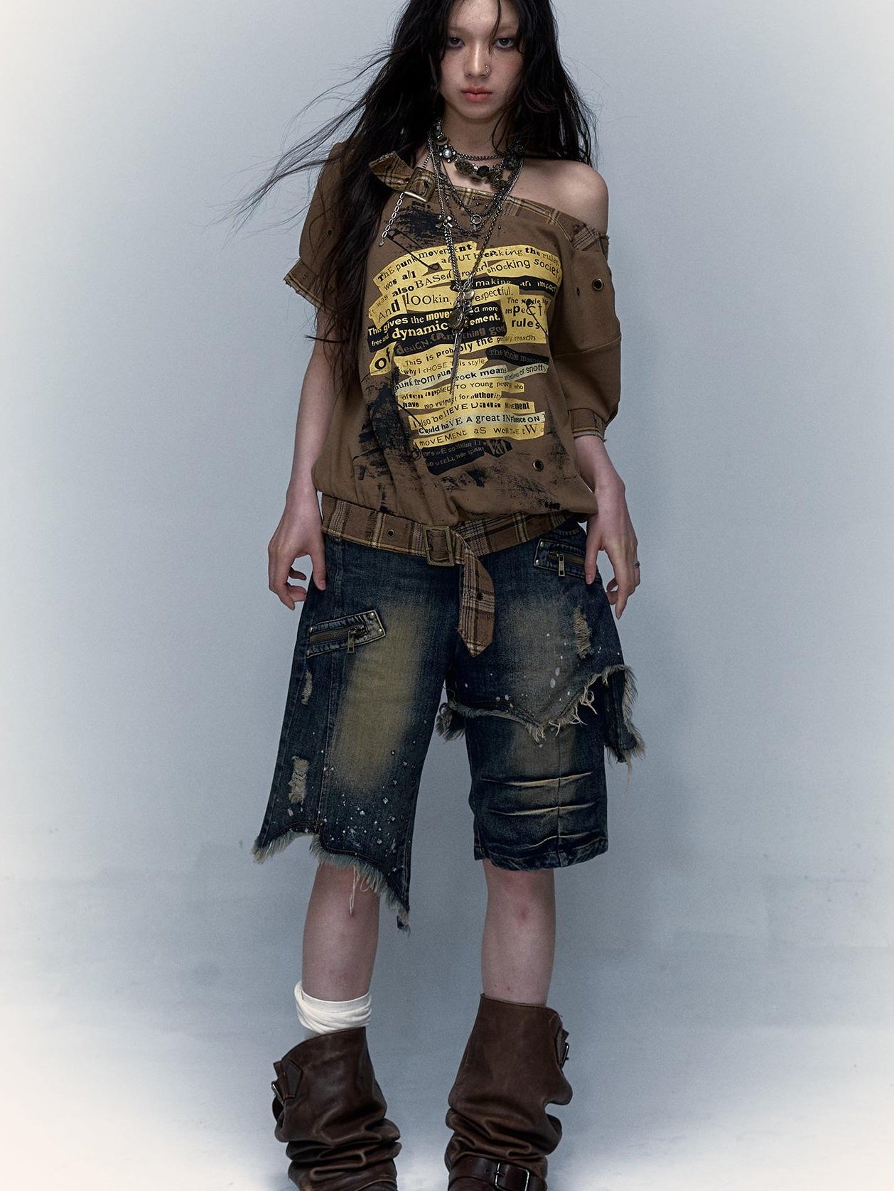 Vintage Punk Washed Ripped Wide Leg Denim Shorts Jeans