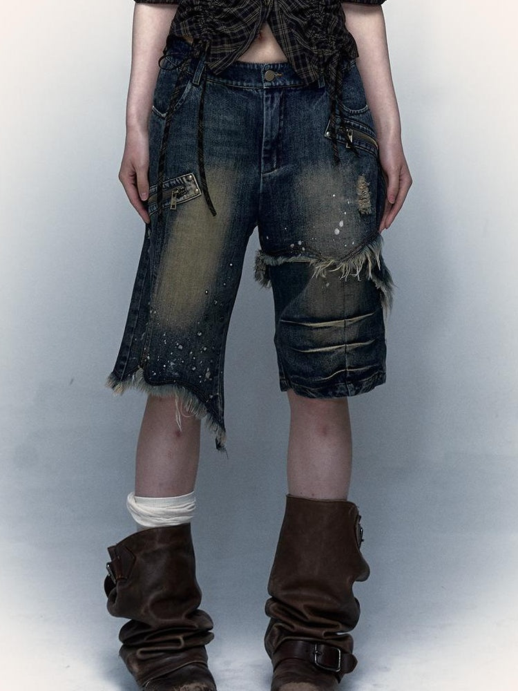 Vintage Punk Washed Ripped Wide Leg Denim Shorts Jeans