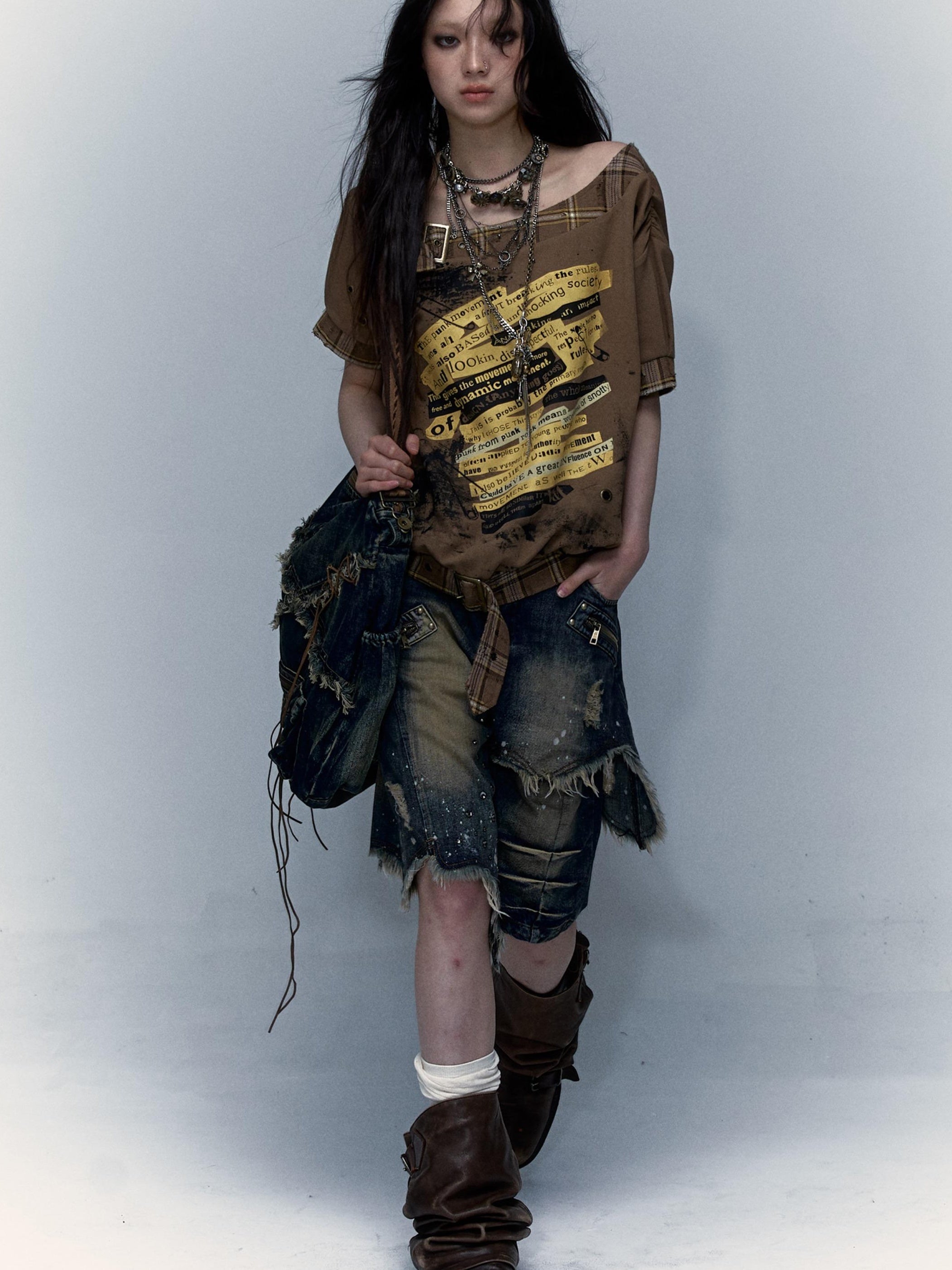 Vintage Punk Washed Ripped Wide Leg Denim Shorts Jeans
