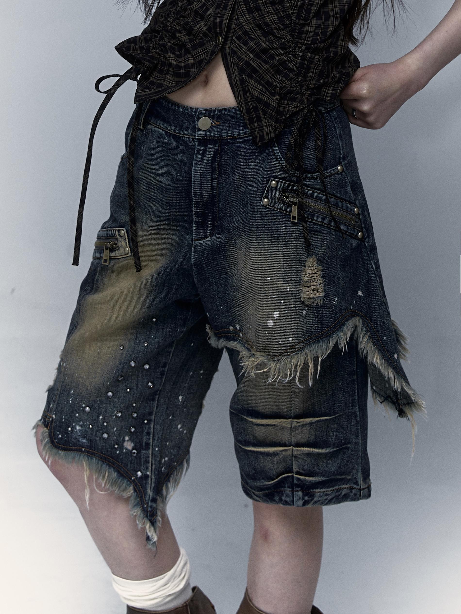 Vintage Punk Washed Ripped Wide Leg Denim Shorts Jeans