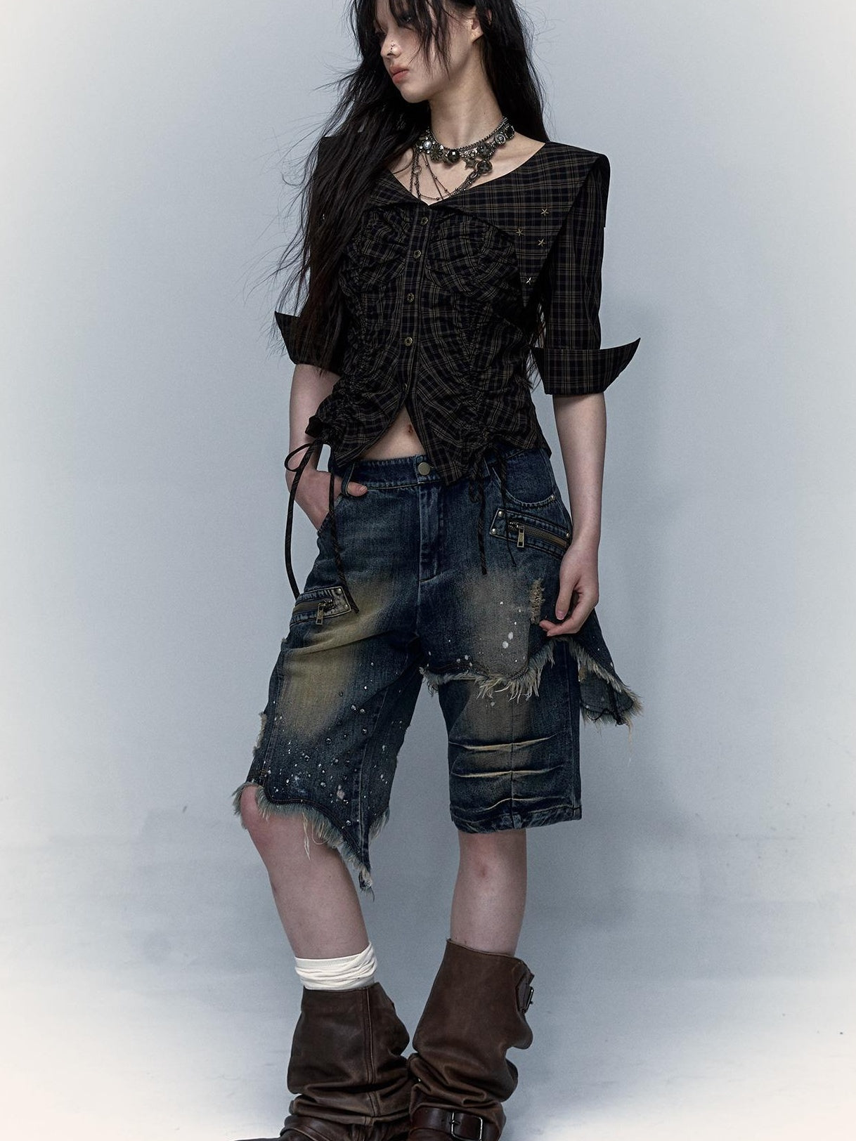 Vintage Punk Washed Ripped Wide Leg Denim Shorts Jeans