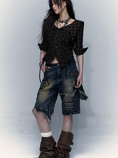 Vintage Punk Washed Ripped Wide Leg Denim Shorts Jeans