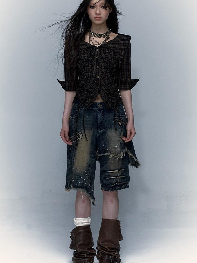 Vintage Punk Washed Ripped Wide Leg Denim Shorts Jeans
