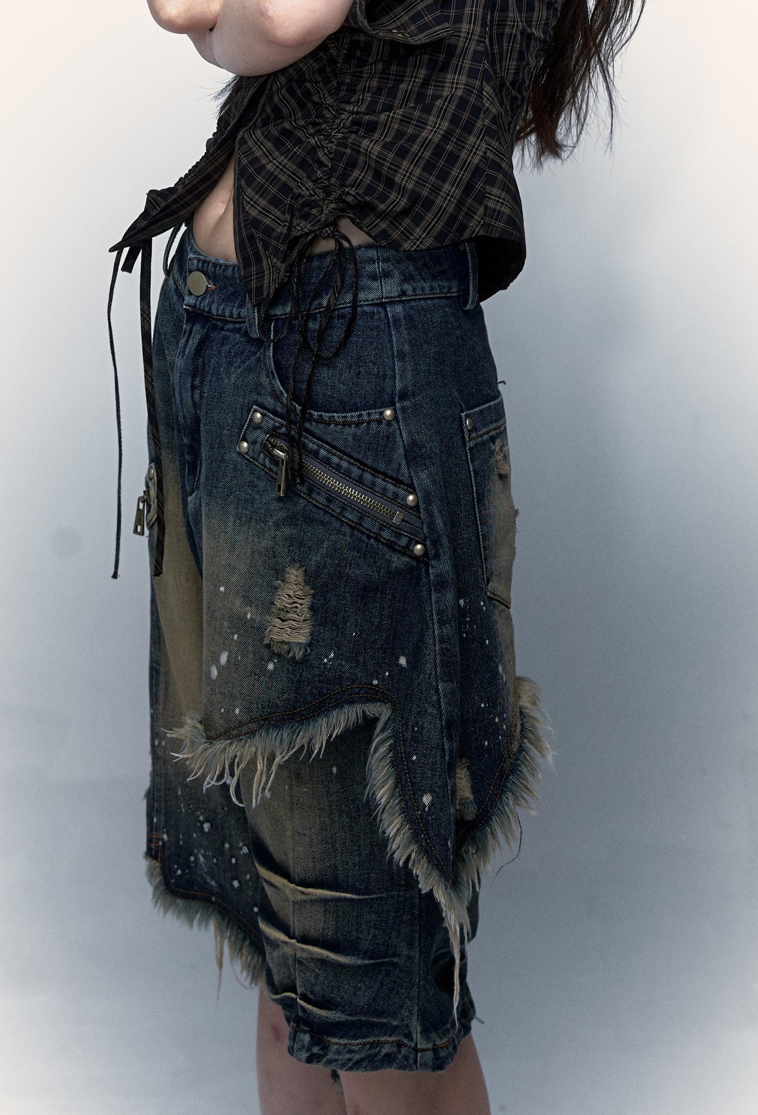 Vintage Punk Washed Ripped Wide Leg Denim Shorts Jeans