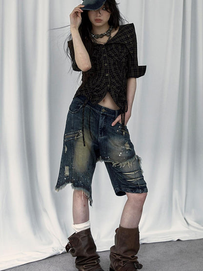 Vintage Punk Washed Ripped Wide Leg Denim Shorts Jeans