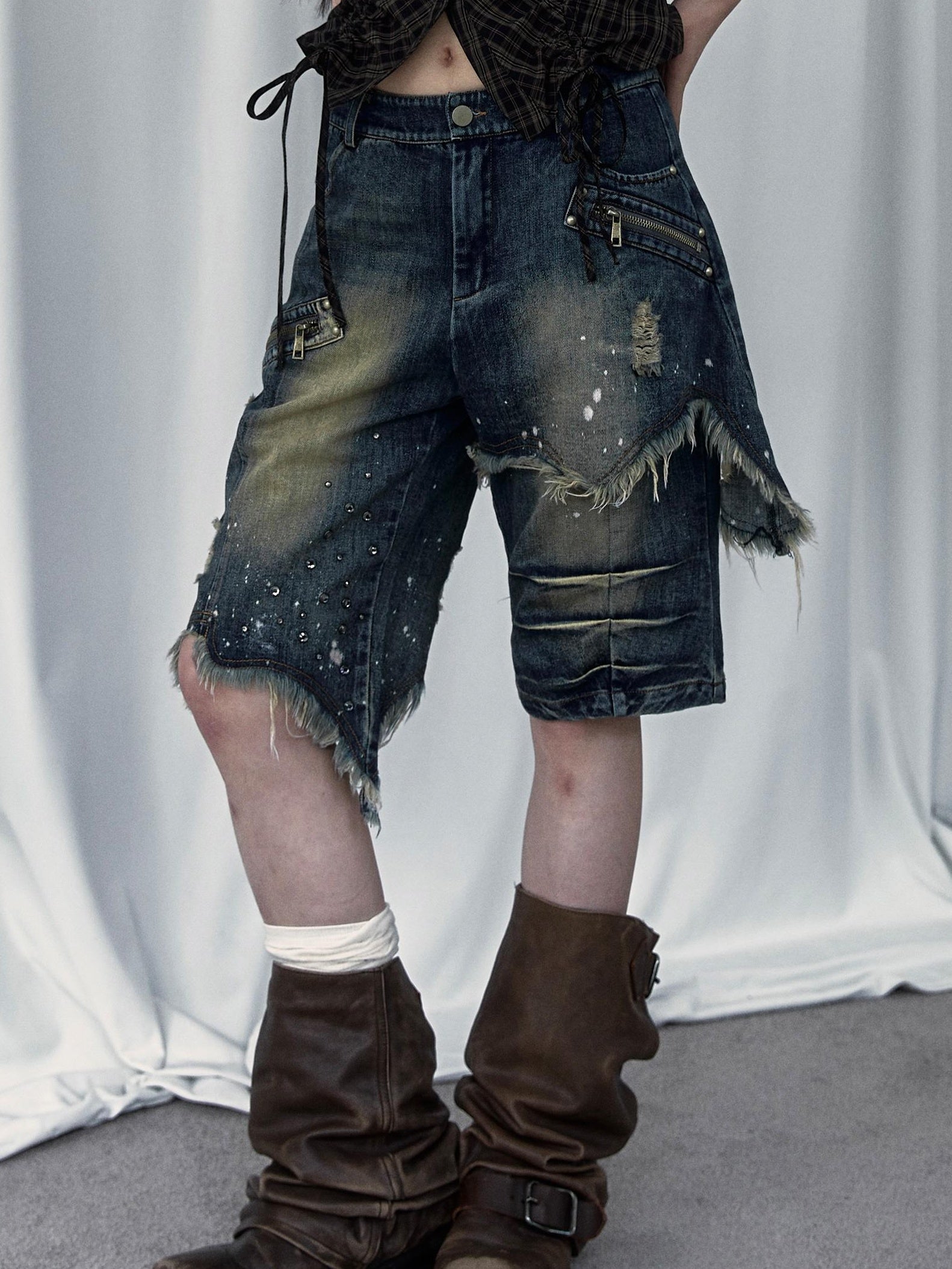 Vintage Punk Washed Ripped Wide Leg Denim Shorts Jeans