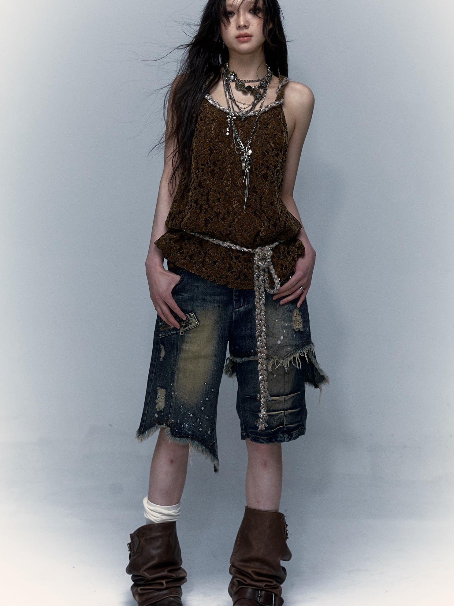 Vintage Punk Washed Ripped Wide Leg Denim Shorts Jeans