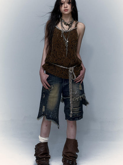 Vintage Punk Washed Ripped Wide Leg Denim Shorts Jeans