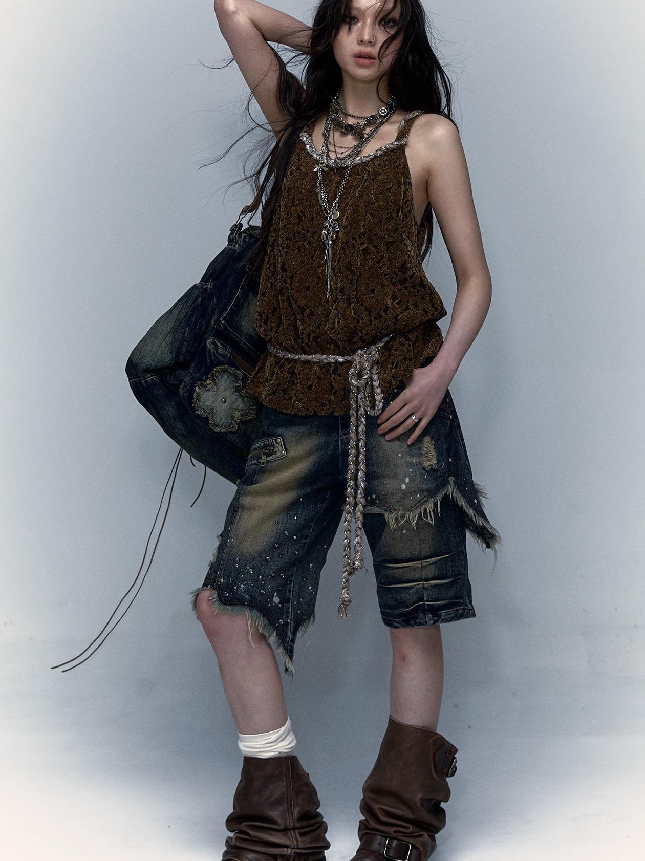 Vintage Punk Washed Ripped Wide Leg Denim Shorts Jeans